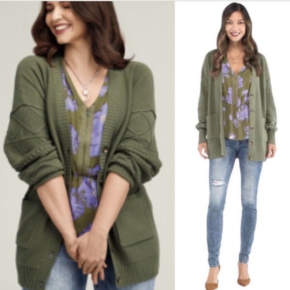 CAbi Sweaters - Cabi Olive Green Trinity Stitch Balloon Sleeve Cardigan Sweater Size XL
